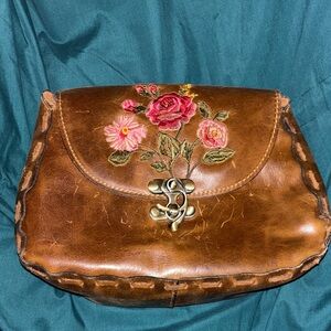 Floral Embroidered Brown Leather Bag